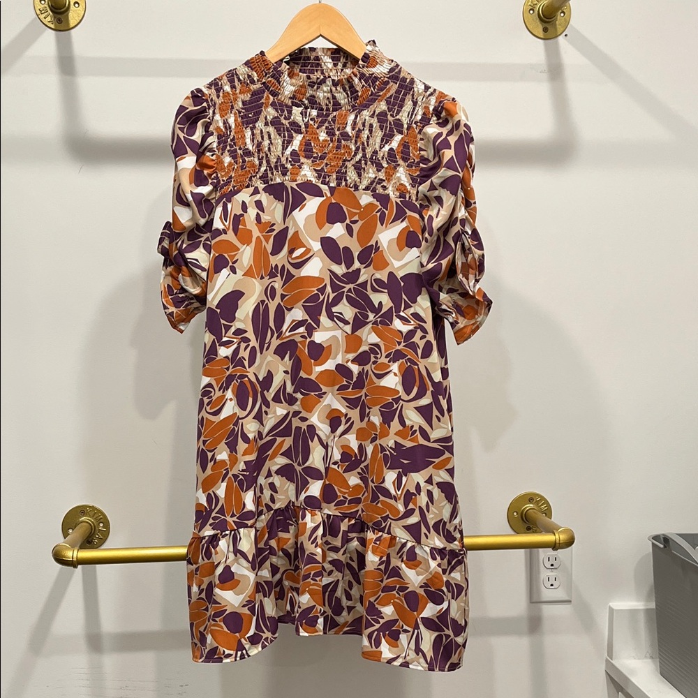 THML Long Sleeve Dress with Purple and Orange Floral Pattern